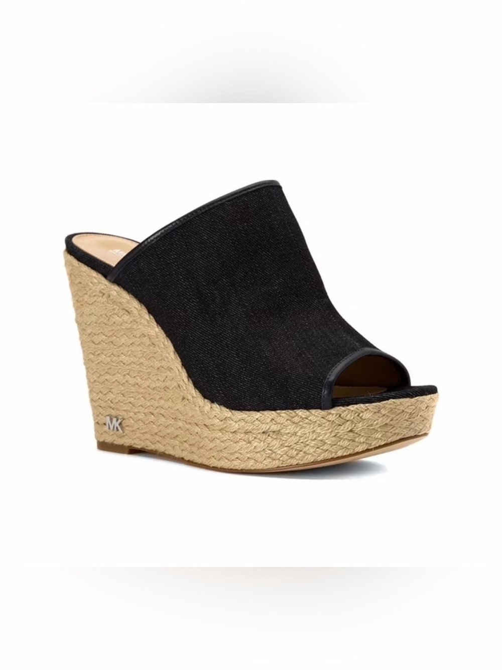 MICHAEL KORS MK Logo Hastings Espedrile Mule Dark Denim Peep Toe Platform Wedges